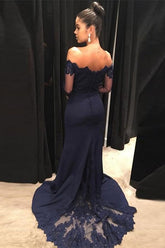 Navy Long Sleeves Off-the-Shoulder Evening Dress with Lace Appliques